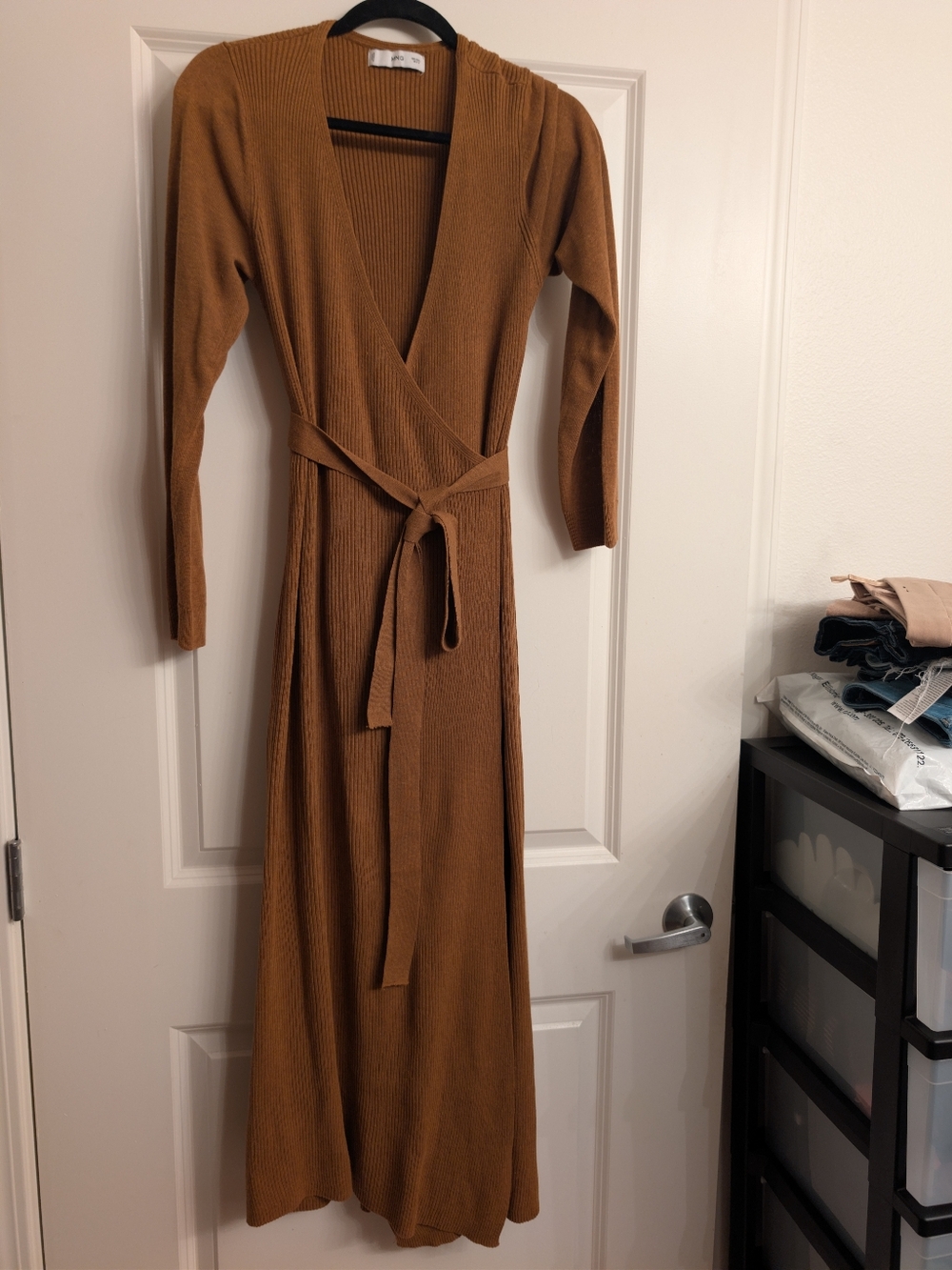 💖☕ Mango Knit Linen/Poly Blend Midi Wrap Dress in Warm Coffee/Camel